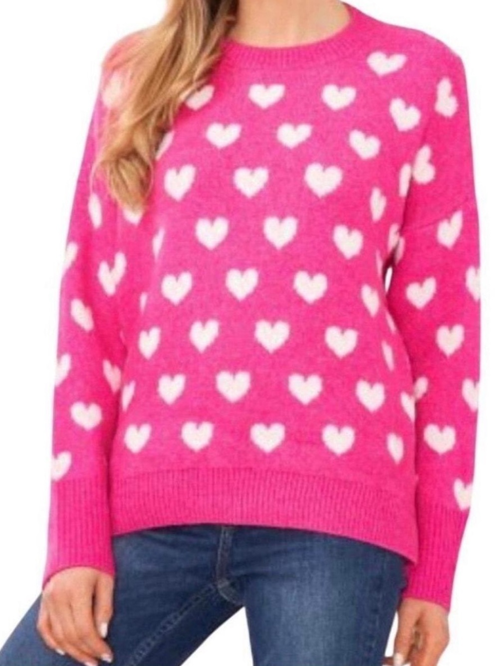 Vince Camuto Pink Heart Print Knit Sweater Small Cozy Crewneck Pullover